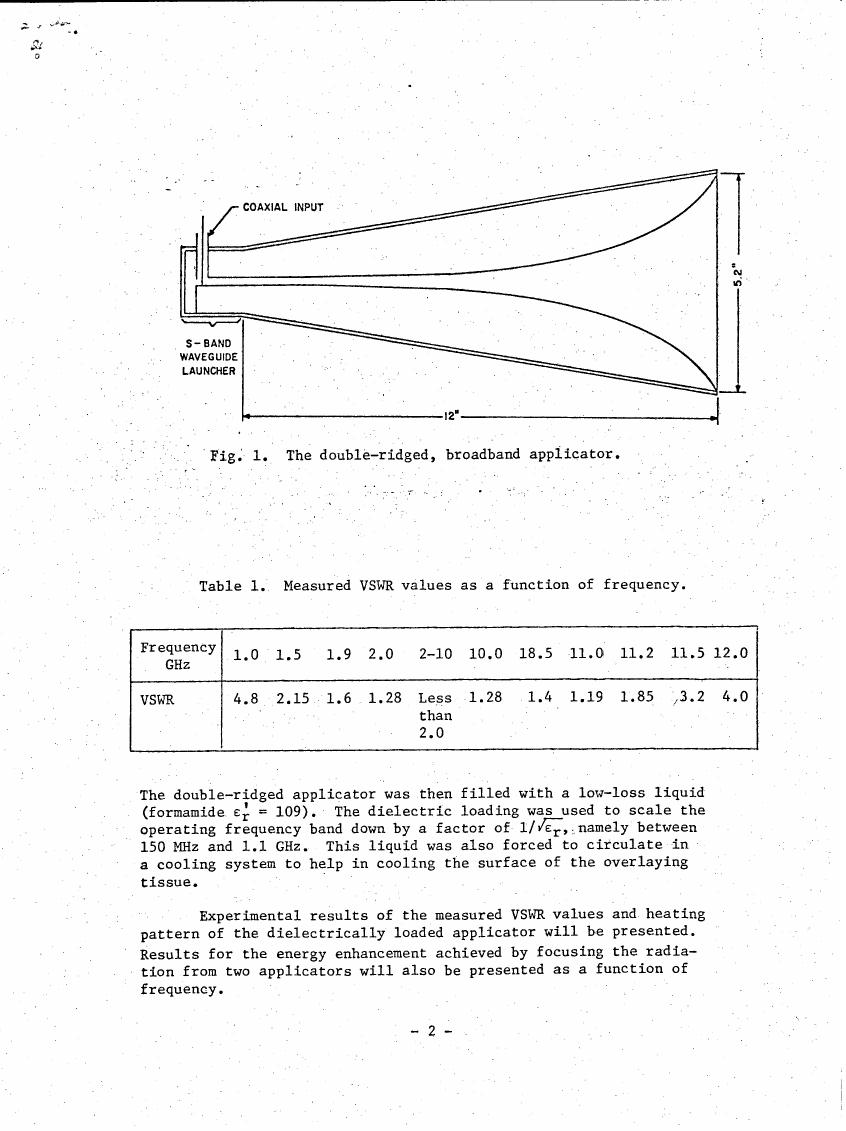 AI-described figure: Fig. 1 illustrates a double-ridged broadband applicator with dimensions and coaxial input details.