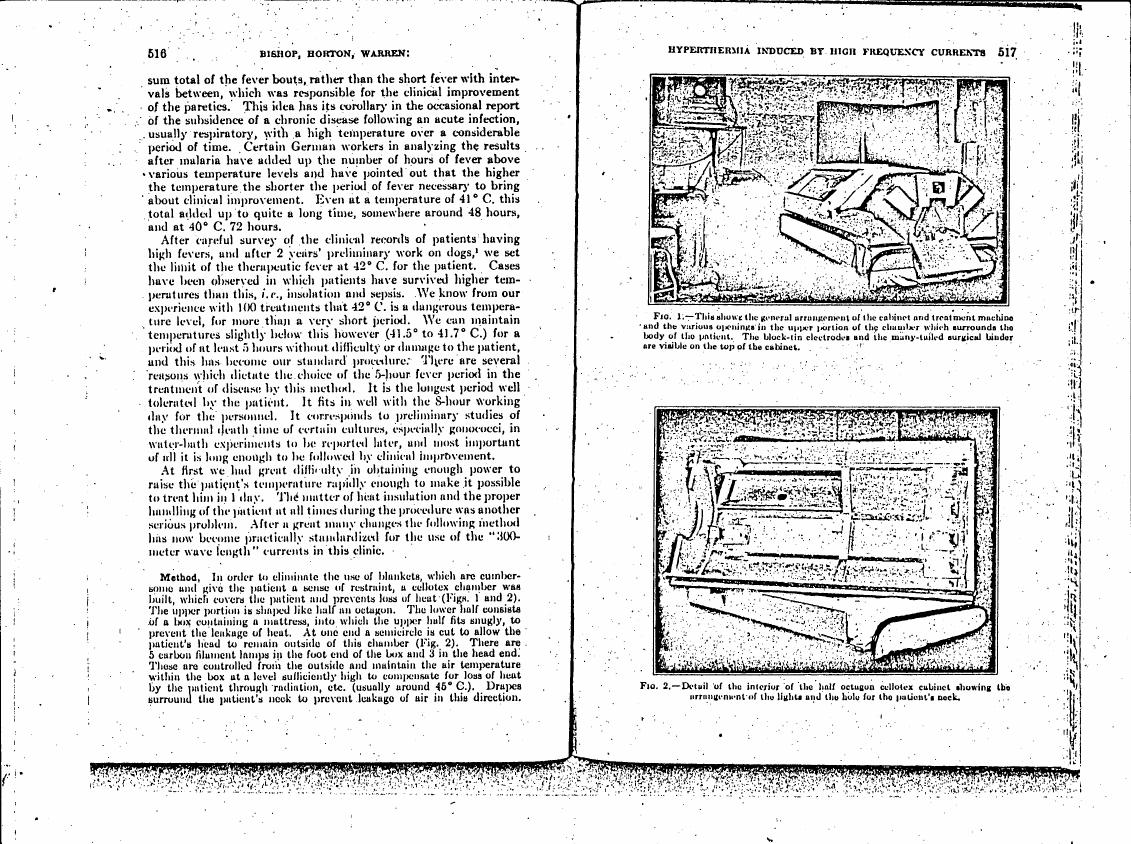 AI-described figure: Fig. 1 and Fig. 2 show the general arrangement and interior details of a cellotex chamber used for treating patients with high fever, including the placement of electrodes and surgical tools.