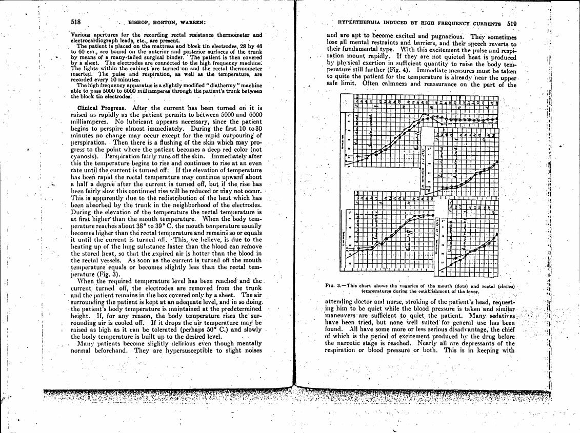 This chart illustrates the fluctuations in mouth (dots) and rectal (circles) temperatures during the development of fever.