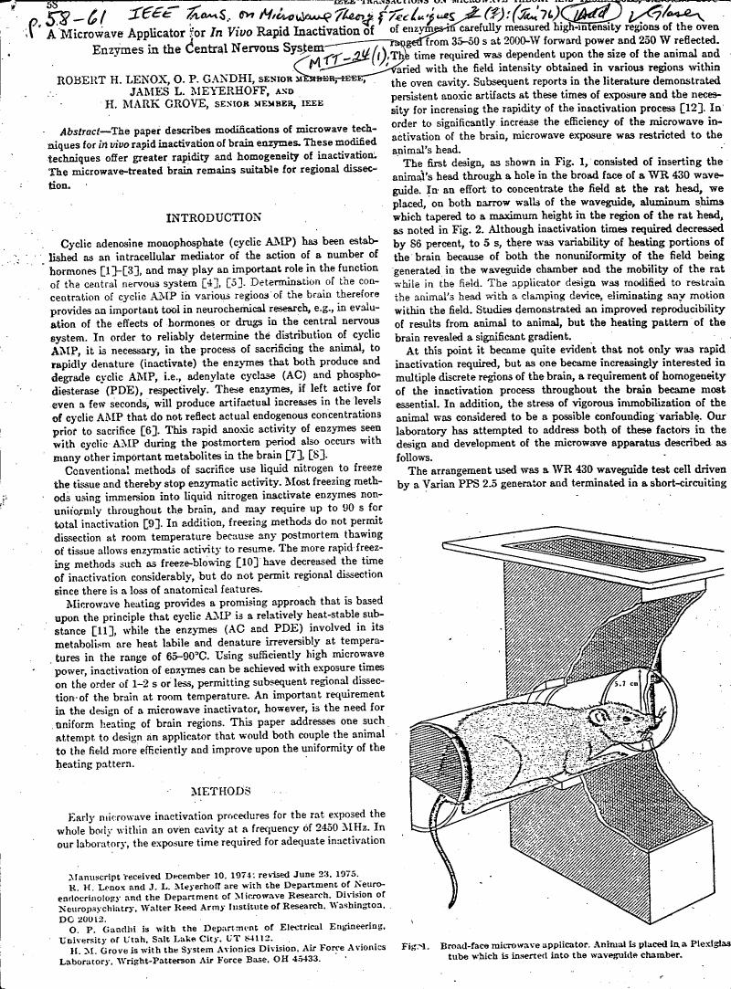 AI-described figure: A diagram showing a rat placed in a Plexiglas tube inserted into a waveguide chamber for microwave exposure.