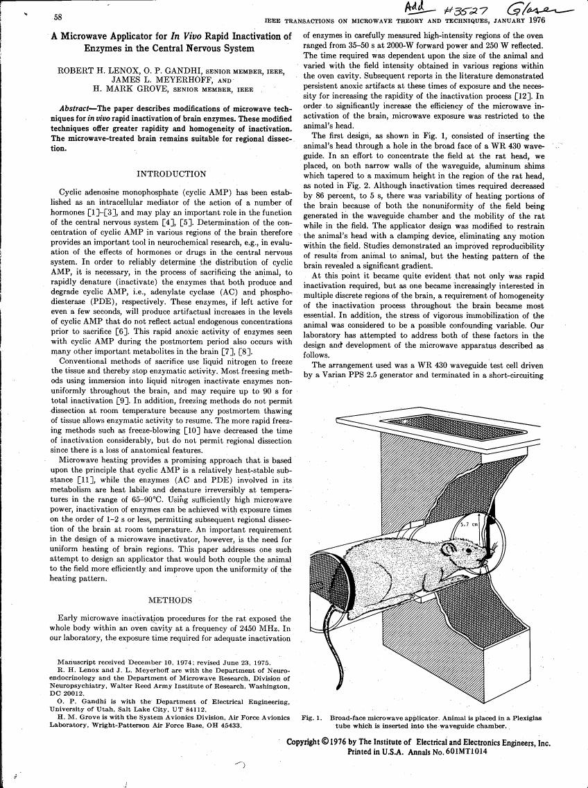 AI-described figure: A diagram illustrating a broad-face microwave applicator with an animal placed in a Plexiglas tube inserted into a waveguide chamber, as shown in Fig. 1.