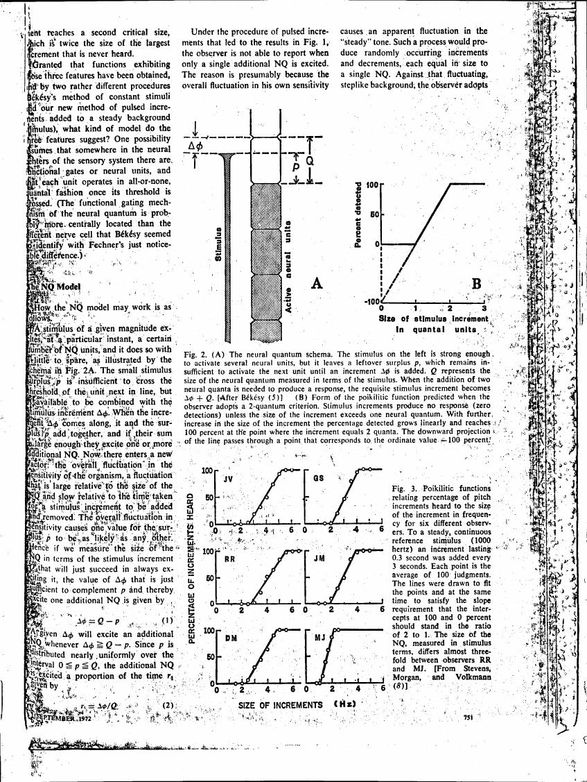 AI-described figure: Figure B illustrates a poikilic function predicting stimulus increments producing zero detections unless exceeding one neural quantum.
