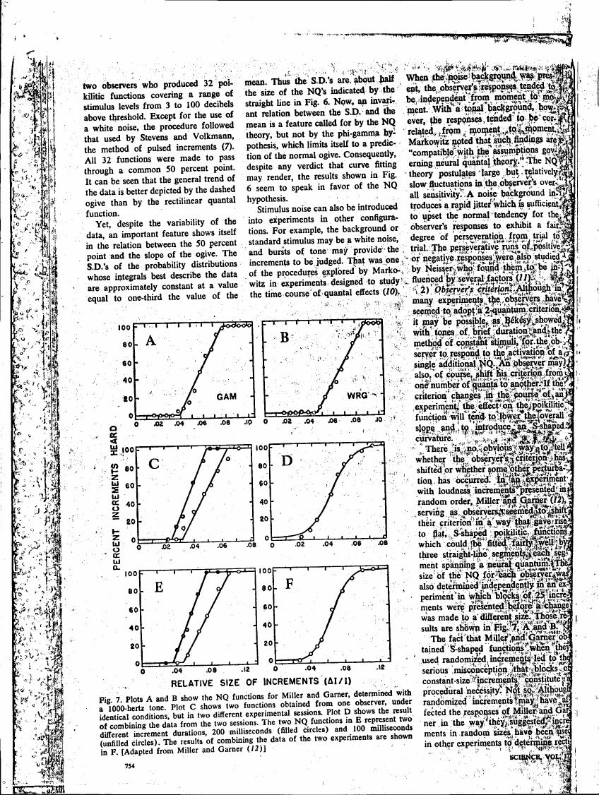 AI-described figure: Figure 7 displays plots A through F showing various psychometric functions for different experimental conditions and observers.