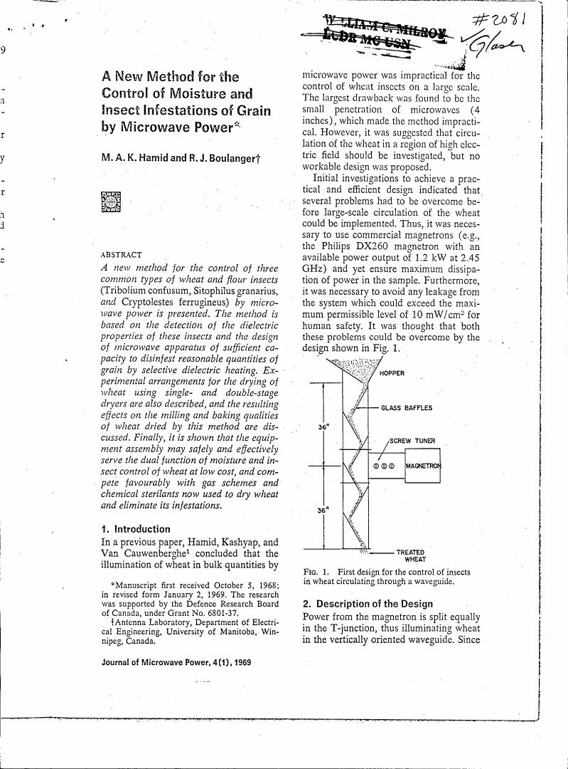 Figure 1. First design for the control of insects in wheat circulating through a waveguide.