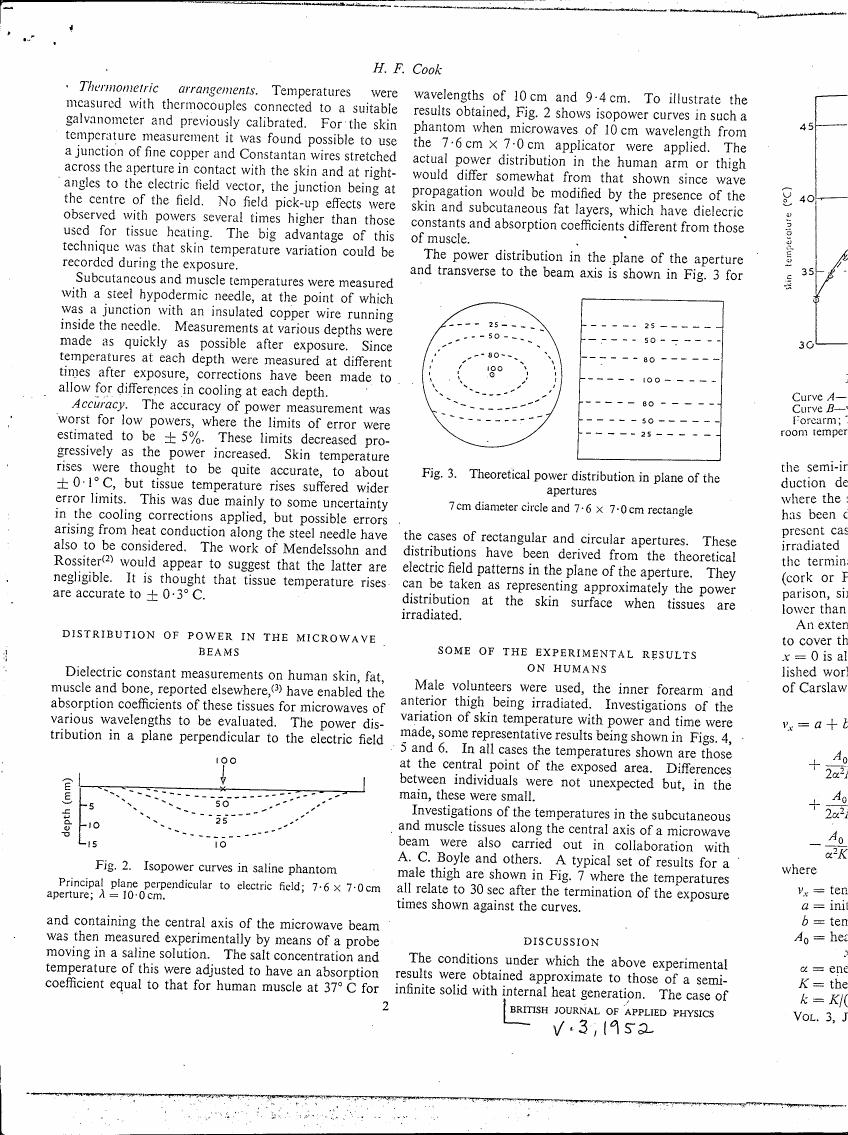 AI-described figure: Fig. 2: Isopower curves in a saline phantom for microwaves with wavelengths of 10 cm and 9.4 cm.