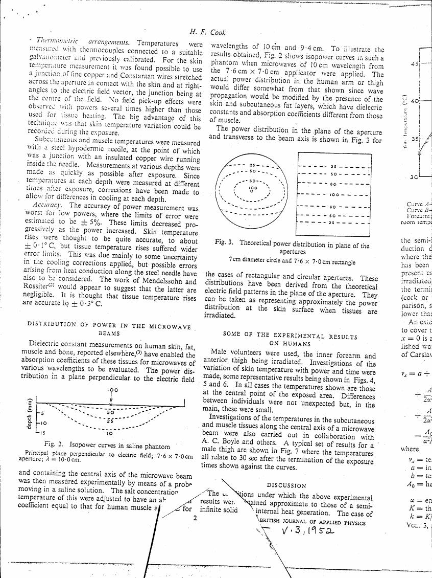 AI-described figure: Figure 2 illustrates isopower curves in a saline phantom for microwave wavelengths of 10 cm and 9.4 cm.