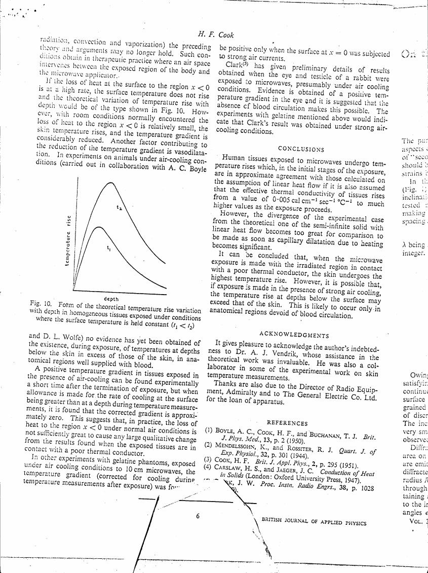 Theoretical temperature rise variation with depth in homogeneous tissues exposed under conditions where the surface temperature is held constant (t1 < t2), as shown in Fig. 10.