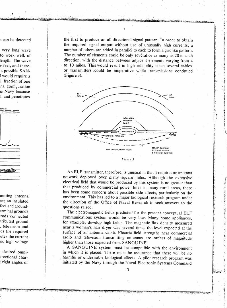AI-described figure: Figure 3 illustrates an ELF signal transmission setup with components such as insulated antenna cable and transmitter.