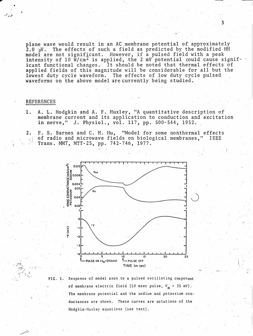 Response of model axon to a pulsed oscillating component of membrane electric field (10 msec pulse, Vm = 25 mV). The membrane potential and the sodium and potassium conductances are shown. These curves are solutions of the Hodgkin-Huxley equations.