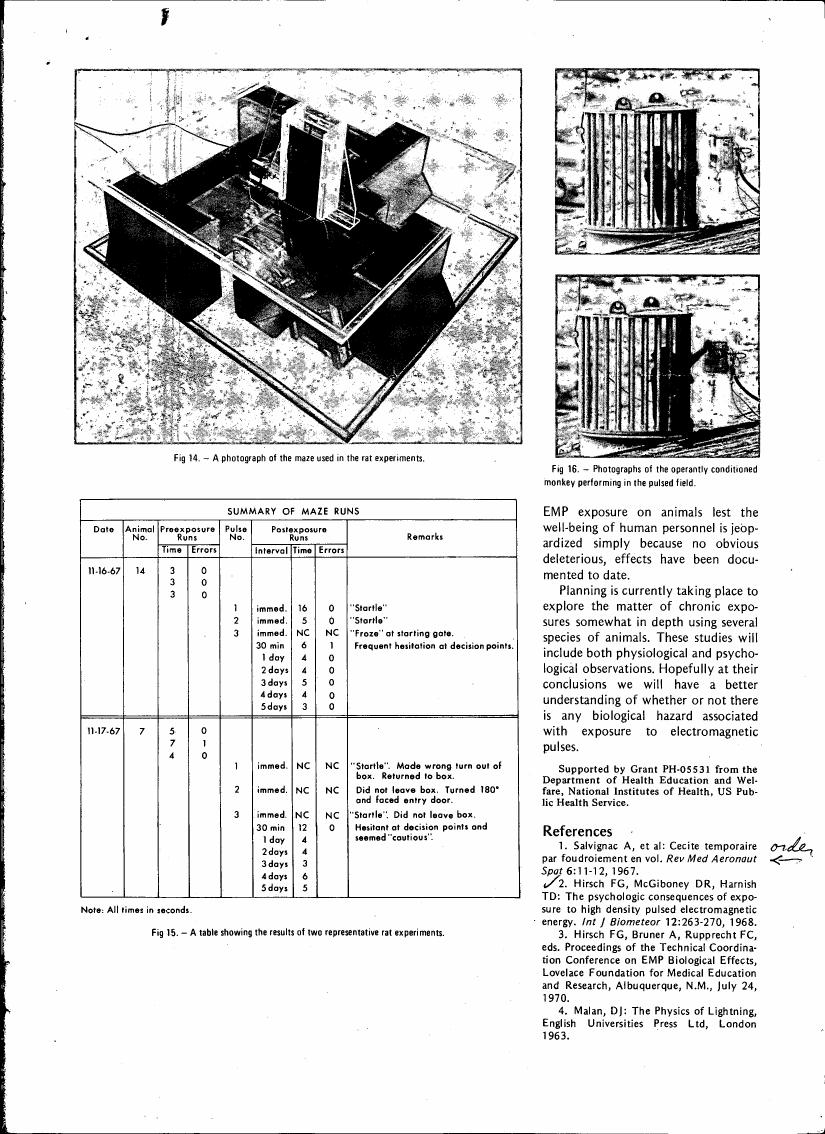 AI-described figure: Figures 14 and 16 show a maze used in rat experiments and photographs of an operantly conditioned monkey performing in a pulsed field, respectively.