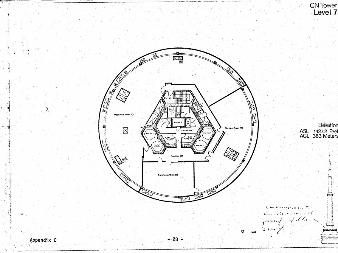 AI-described figure: A floor plan diagram showing the layout and rooms at Level 7 of the CN Tower.