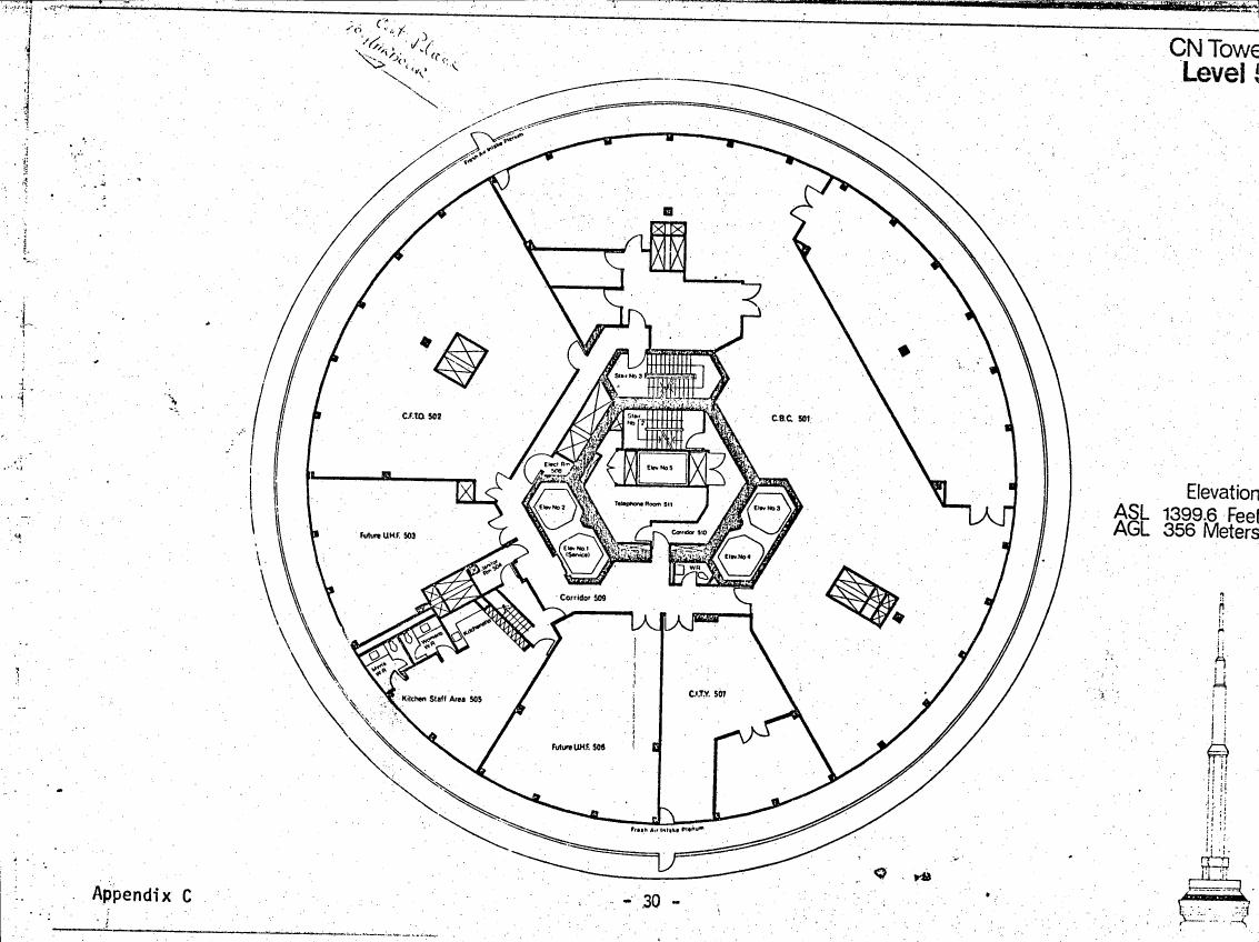 AI-described figure: A floor plan diagram showing the layout and labeled areas within a circular structure at Level 519 of the CN Tower.