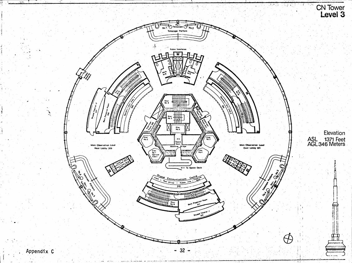 AI-described figure: A floor plan diagram showing the layout and features of Level 3 at the CN Tower.