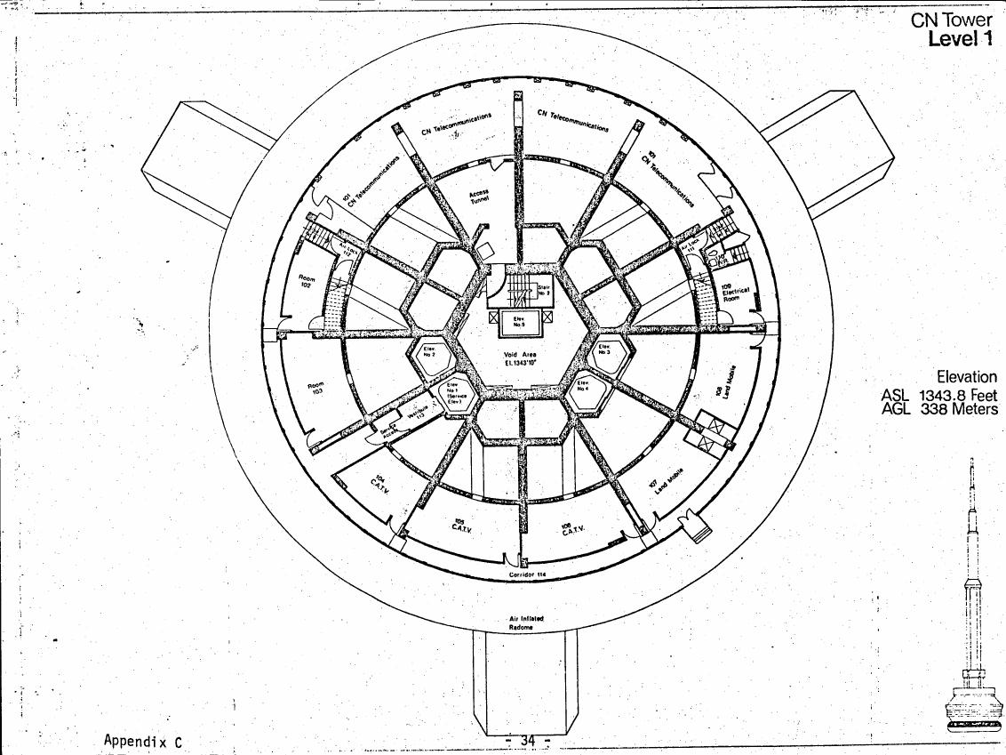 AI-described figure: A floor plan diagram showing the layout and features of Level 1 in the CN Tower.