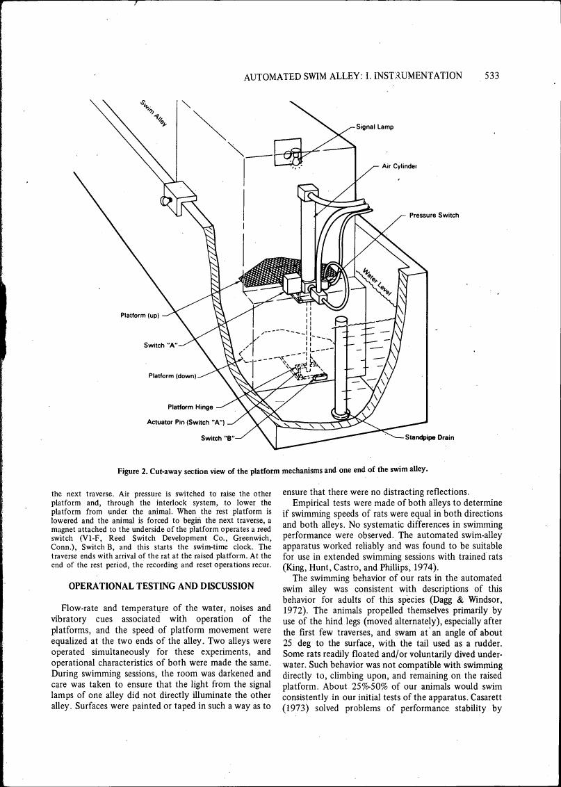 Figure 2. Cut-away section view of the platform mechanisms and one end of the swim alley.