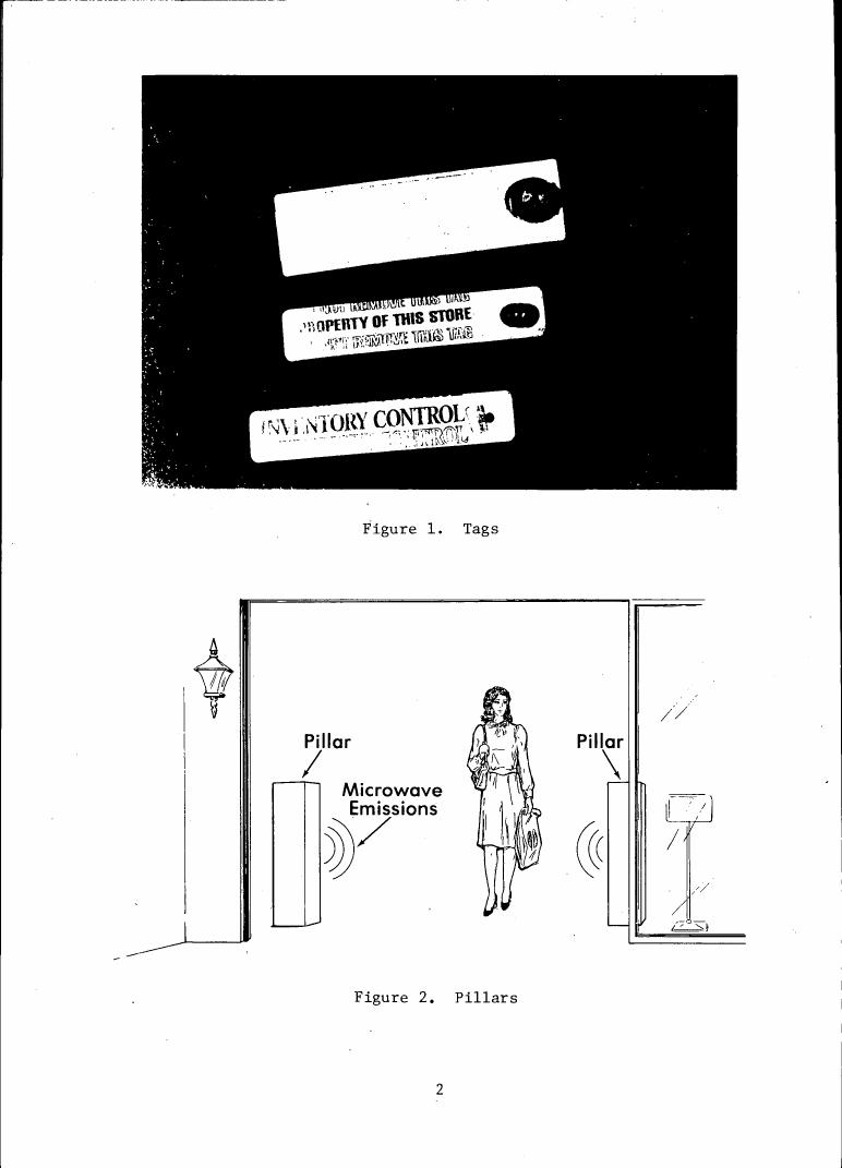 AI-described figure: Figure 1 illustrates inventory control tags and Figure 2 depicts microwave emissions from pillars.