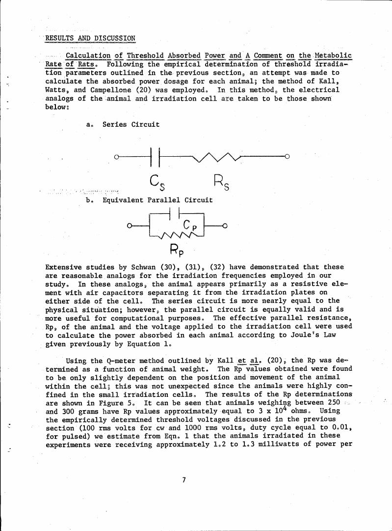 AI-described figure: The diagram illustrates a series circuit and an equivalent parallel circuit used in calculating absorbed power for irradiated animals.