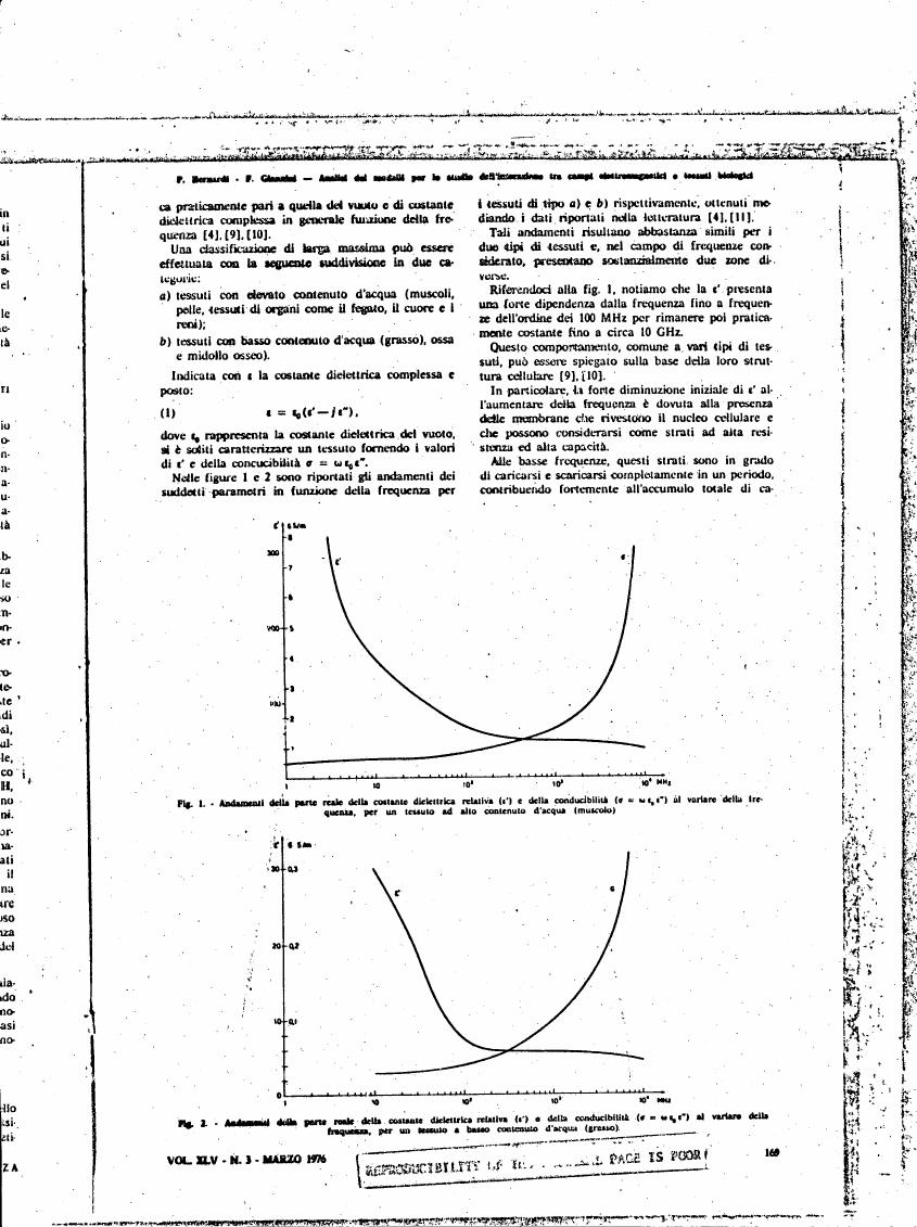 AI-described figure: Fig. 1 and Fig. 2 show the variations in real part of relative dielectric constant (ε') and conductivity (σ) with frequency for tissues with high water content (muscle) and low water content (fat), respectively.