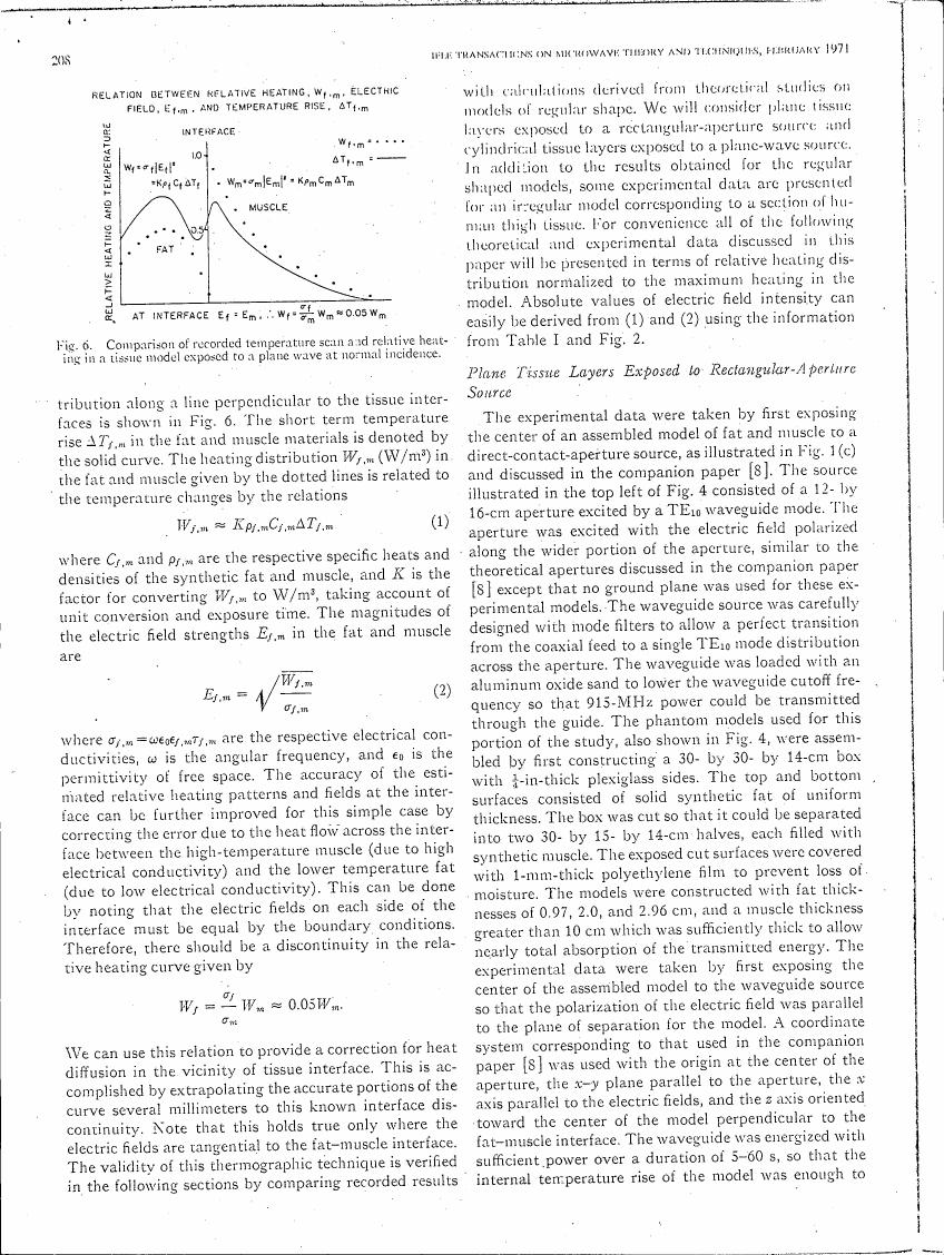 Comparison of recorded temperature scan and relative heating in a tissue model exposed to a plane wave at normal incidence.