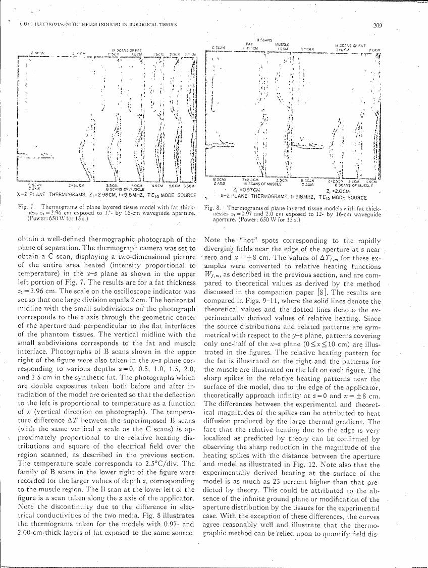 AI-described figure: Figures 7 and 8 show thermograms of plane layered tissue models with fat thicknesses exposed to microwave radiation, illustrating temperature distributions in the x-z plane.