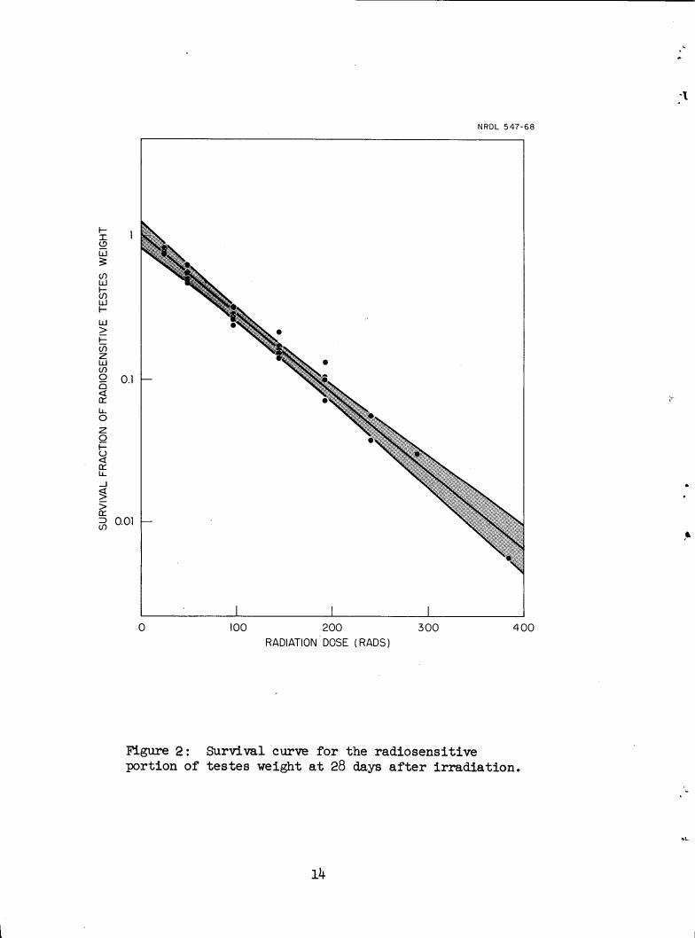 Figure 2: Survival curve for the radiosensitive portion of testes weight at 28 days after irradiation.