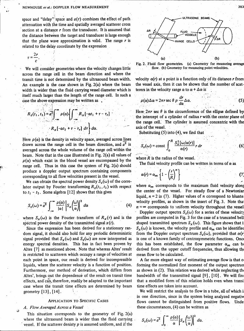 AI-described figure: Fig. 2 illustrates fluid flow geometries for measuring average and point velocities using ultrasonic beams.