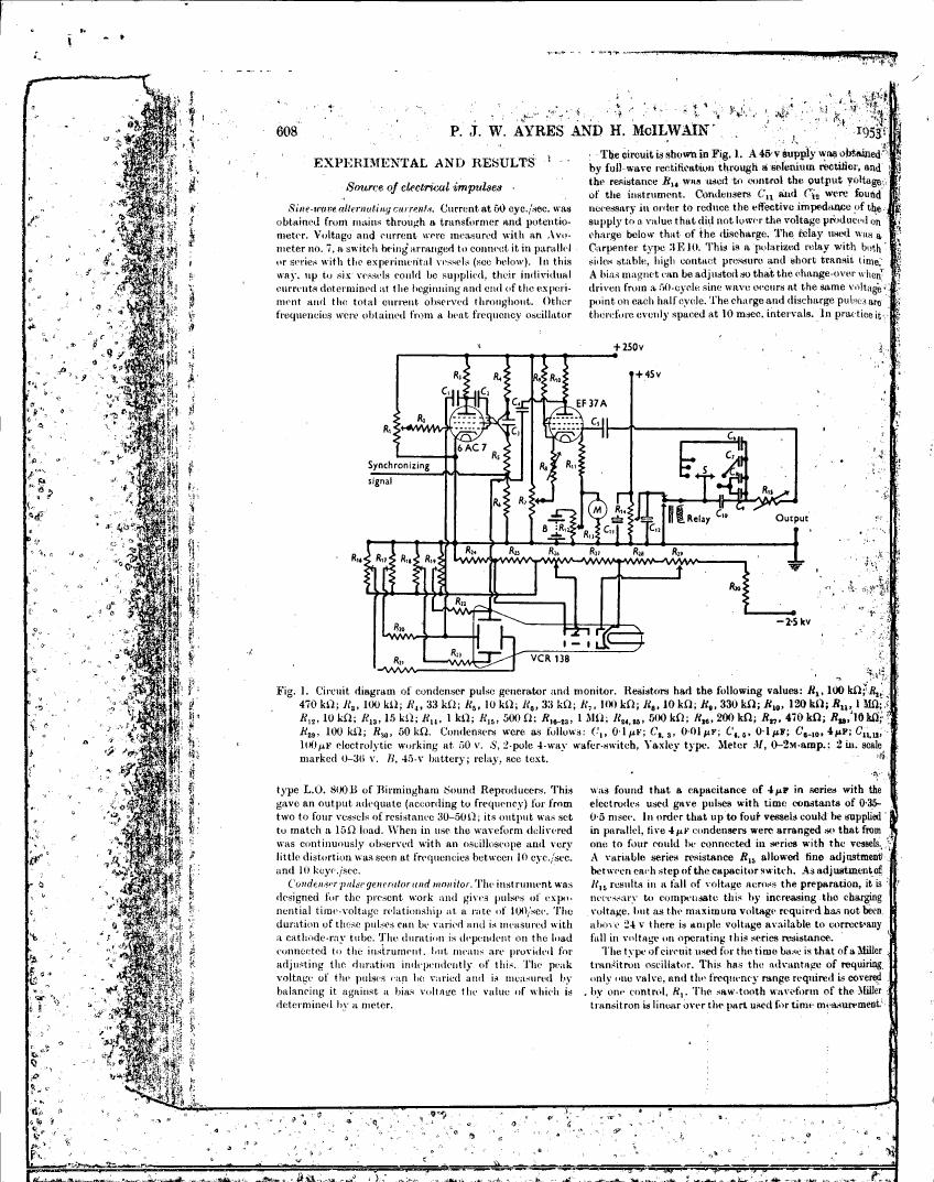 AI-described figure: Figure 1. Circuit diagram of condenser pulse generator and monitor.