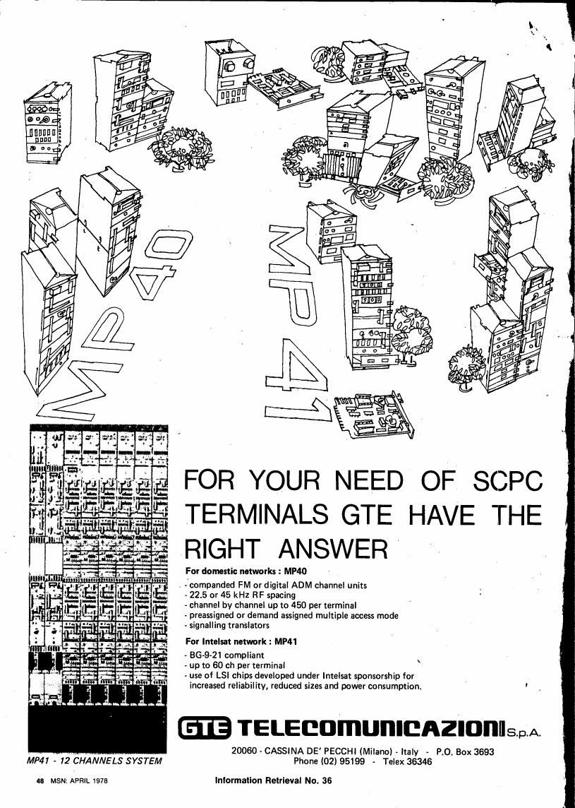 AI-described figure: A diagram illustrating various SCPC terminal models and their specifications for domestic networks (MP40) and Intelsat network (MP41).