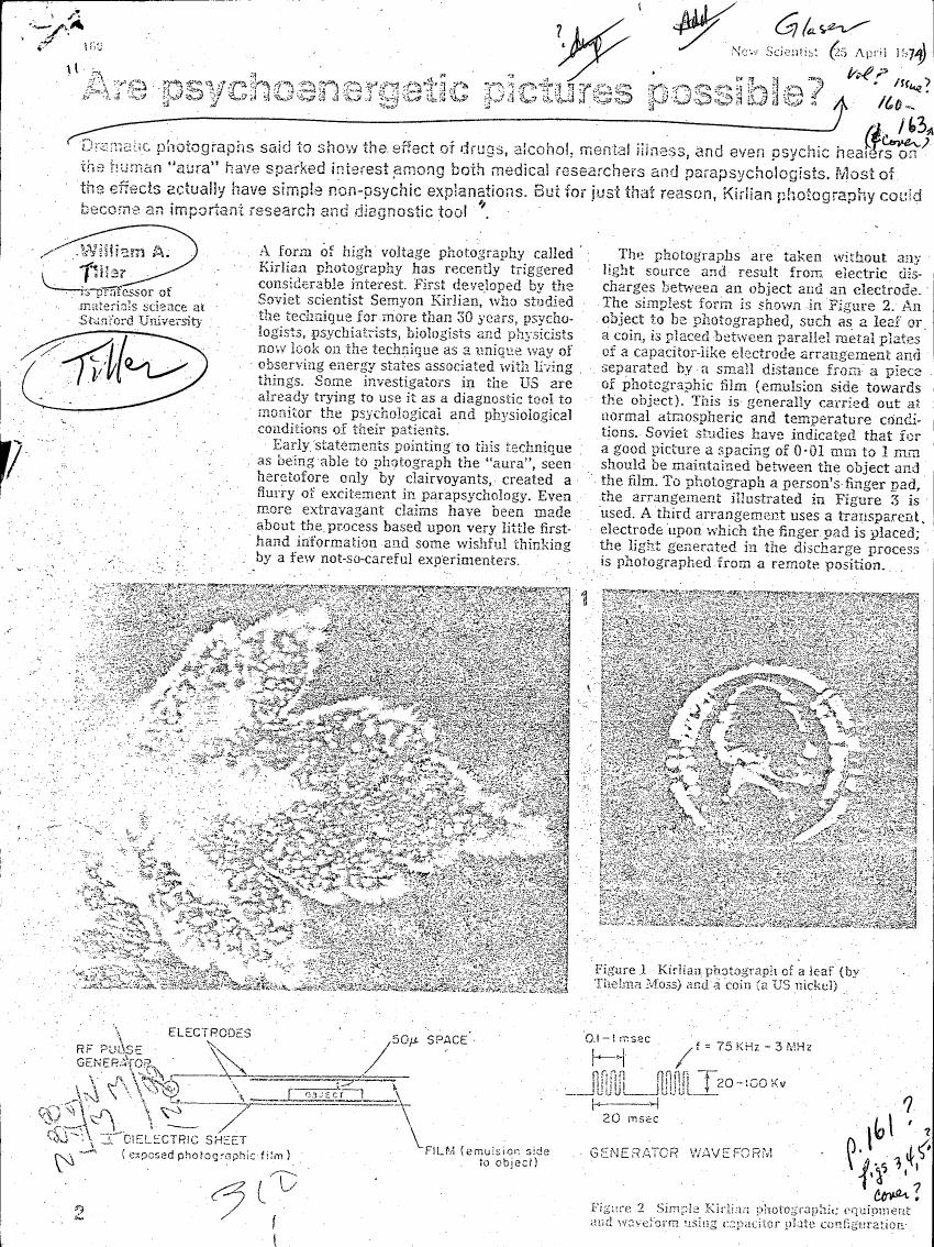 Figure 1: Kirlian photograph of a leaf (by Thelma Moss) and a coin (a US nickel)