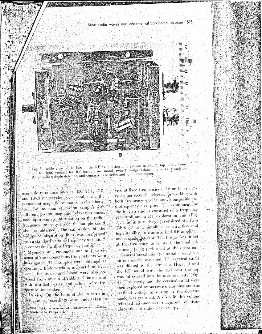 AI-described figure: Fig. 3: Inside view of the box of the RF exploration unit showing components such as a twin-T bridge and transistor amplifier.