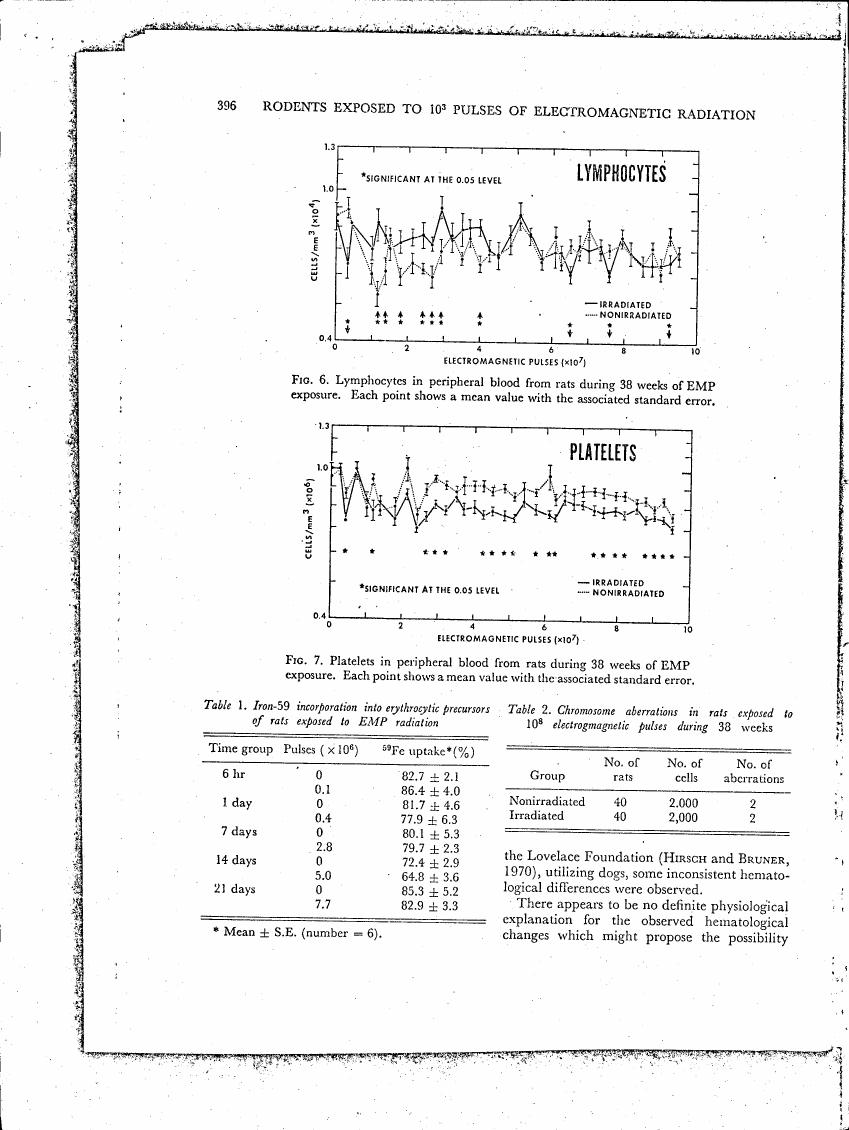 AI-described figure: Figures showing lymphocytes and platelets in peripheral blood from rats during electromagnetic pulse exposure over a period of weeks.