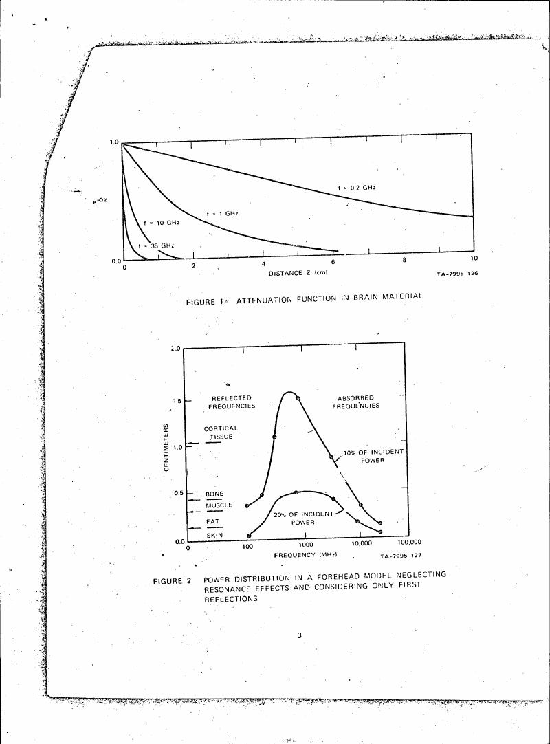 AI-described figure: Figure 1 illustrates the attenuation function in brain material as a function of distance and frequency.