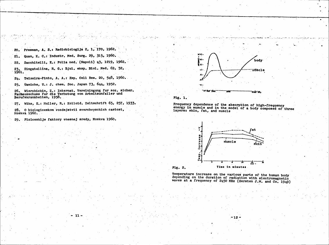 AI-described figure: Frequency dependence of absorption of high-frequency energy in muscle and a body model composed of three layers: skin, fat, and muscle (Fig. 1).
