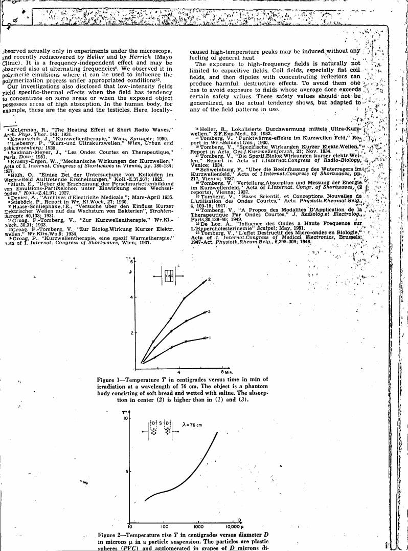 Figure 1: Temperature T in centigrades versus time in min of irradiation at a wavelength of 76 cm. The object is a phantom body consisting of soft bread and wetted with saline.