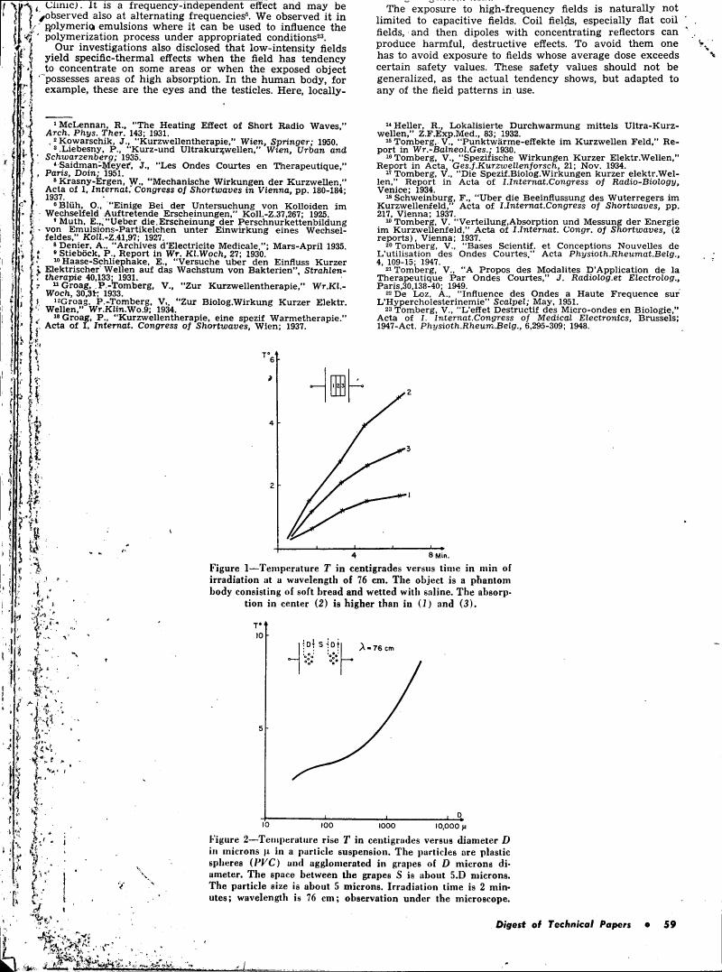 AI-described figure: Figure 1 illustrates temperature T in centigrades versus time in minutes of irradiation at a wavelength of 76 cm for different objects, showing higher absorption in center (2) compared to (1) and (3).