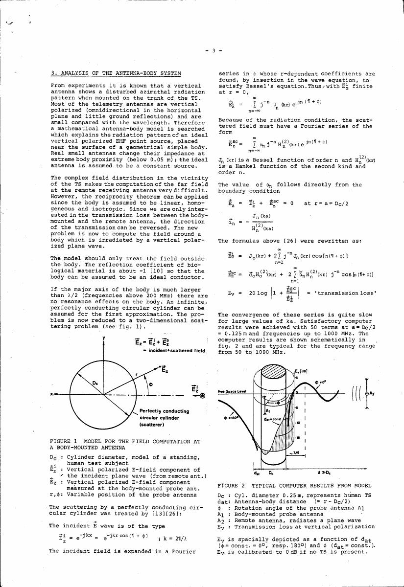 AI-described figure: Figure 1 illustrates a model for computing the field at a body-mounted antenna, showing an incident and scattered electric field around a perfectly conducting circular cylinder.