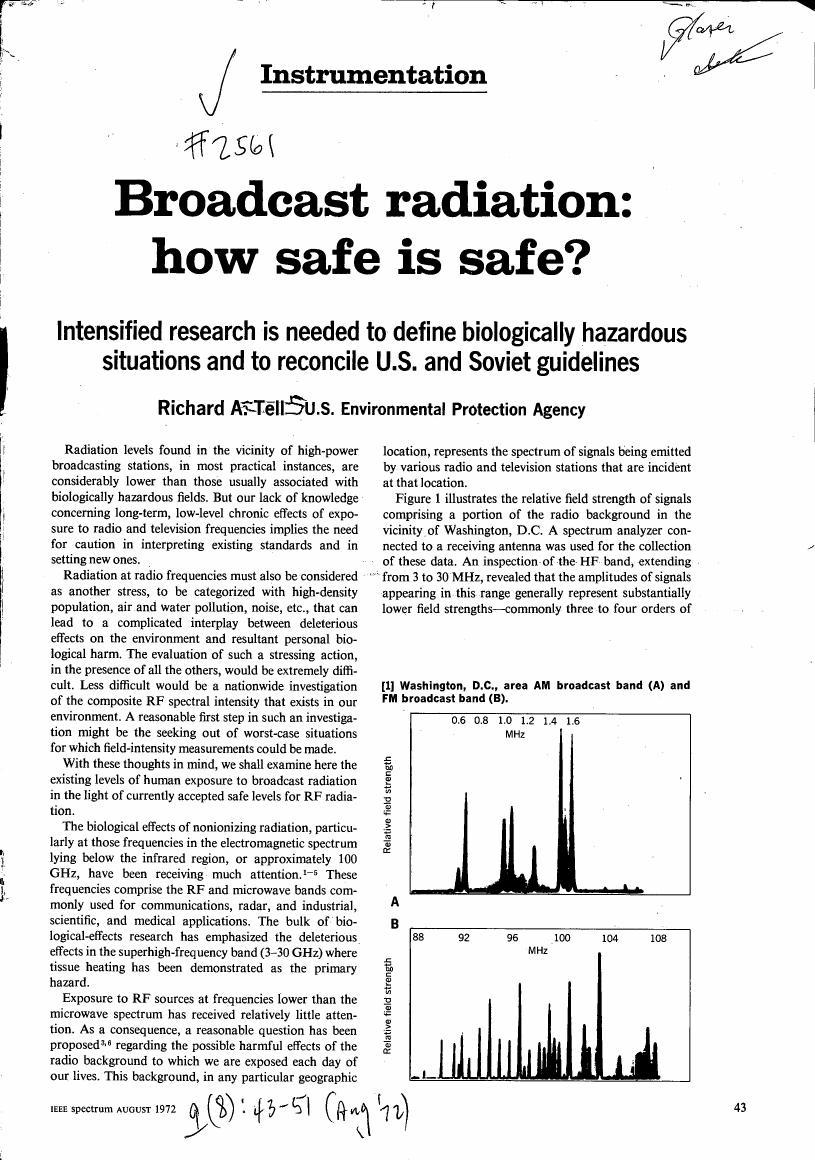 AI-described figure: Relative field strength of signals comprising a portion of the radio background in the vicinity of Washington, D.C., showing data from AM and FM broadcast bands.