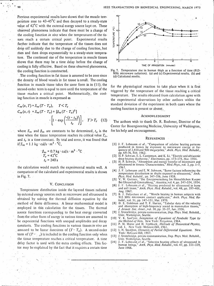 AI-described figure: Temperature rise in human thigh as a function of time (915-MHz microwave radiation).