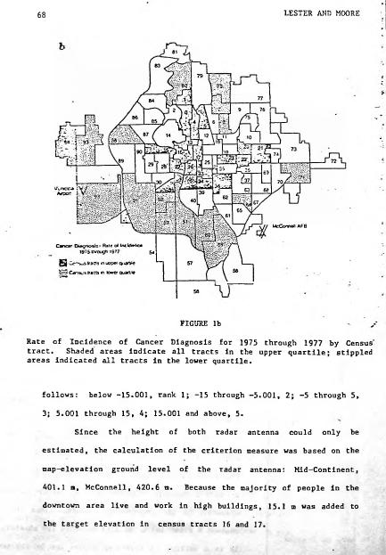 Figure 1b: Rate of Incidence of Cancer Diagnosis for 1975 through 1977 by Census tract. Shaded areas indicate all tracts in the upper quartile; stippled areas indicated all tracts in the lower quartile.