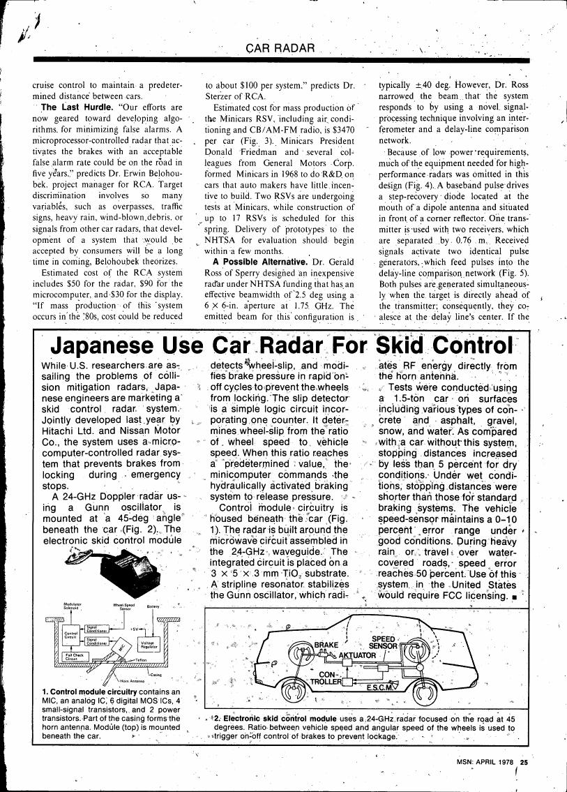 AI-described figure: A diagram illustrating the electronic skid control module's components and their placement within a vehicle, including the radar antenna angle and sensor connections.