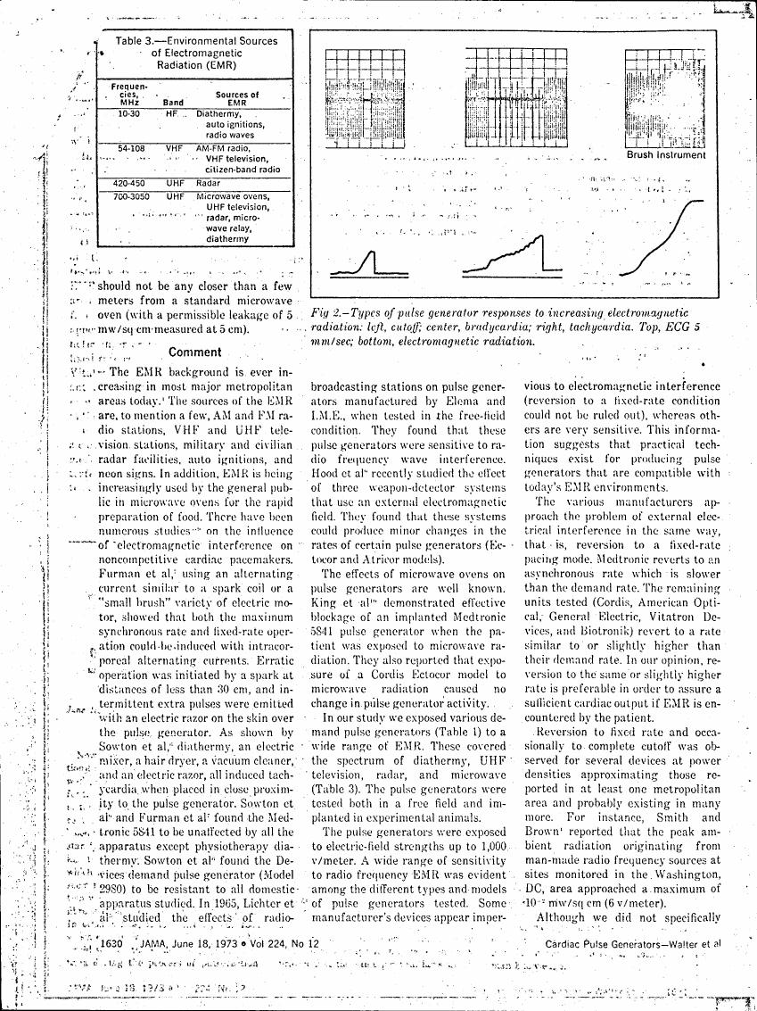 Figure 2 illustrates types of pulse generator responses to increasing electromagnetic radiation, showing cutoff, bradycardia, and tachycardia.