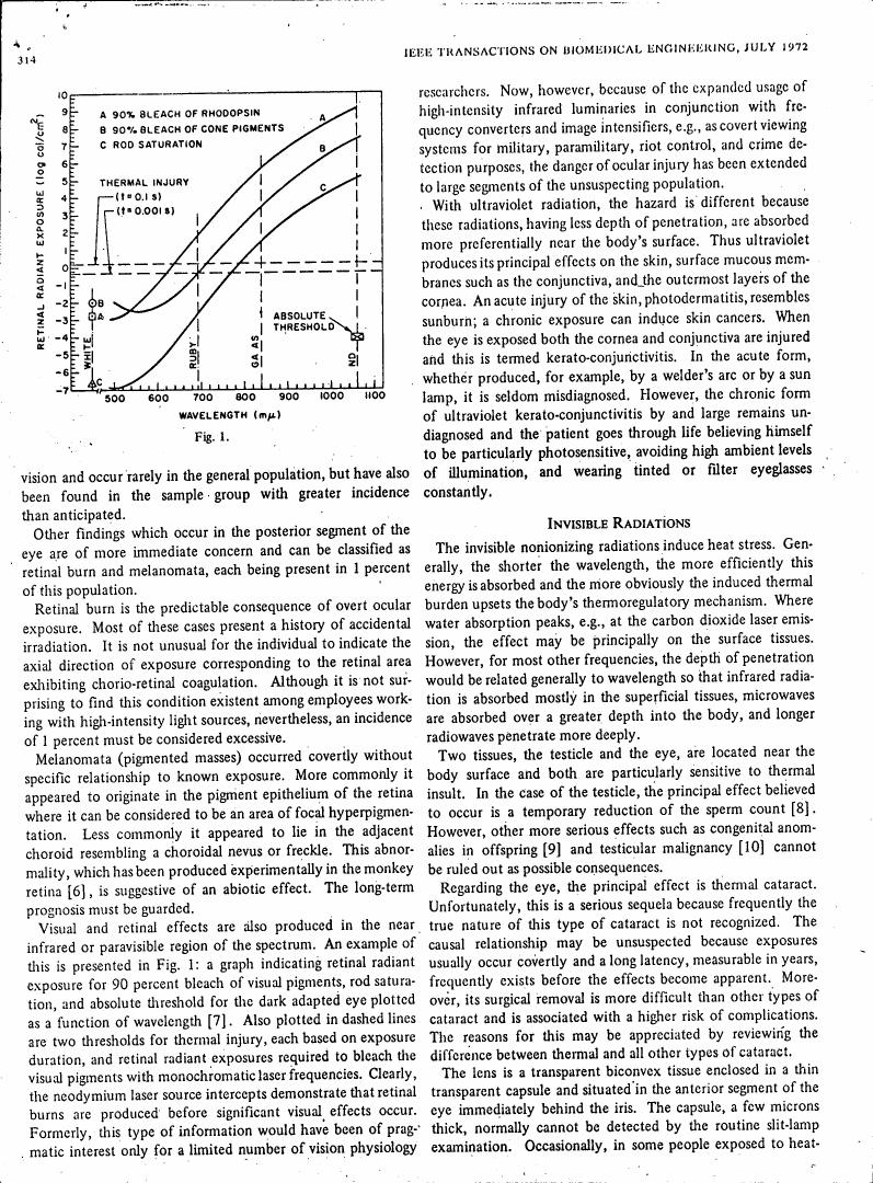 AI-described figure: A chart showing retinal radiant exposure for various wavelengths and percentages of visual pigments bleaching.