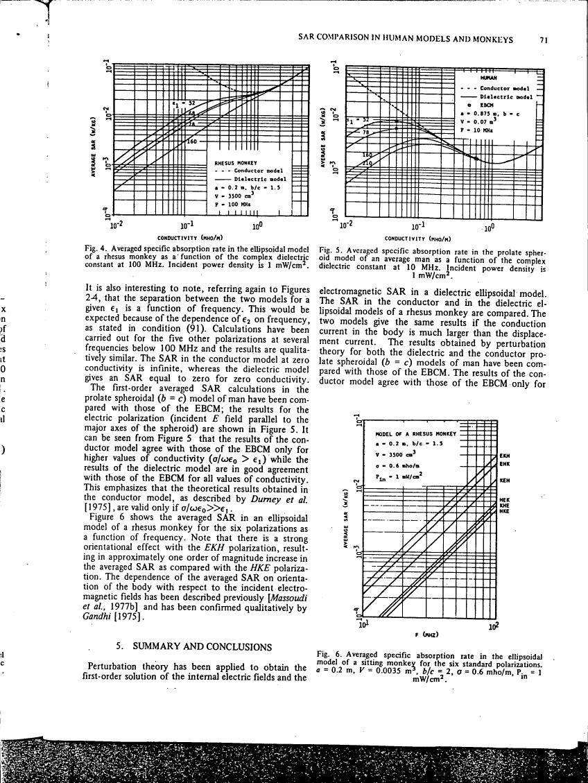AI-described figure: Figure 4: Averaged specific absorption rate in an ellipsoidal model of a rhesus monkey as a function of conductivity at 100 MHz.