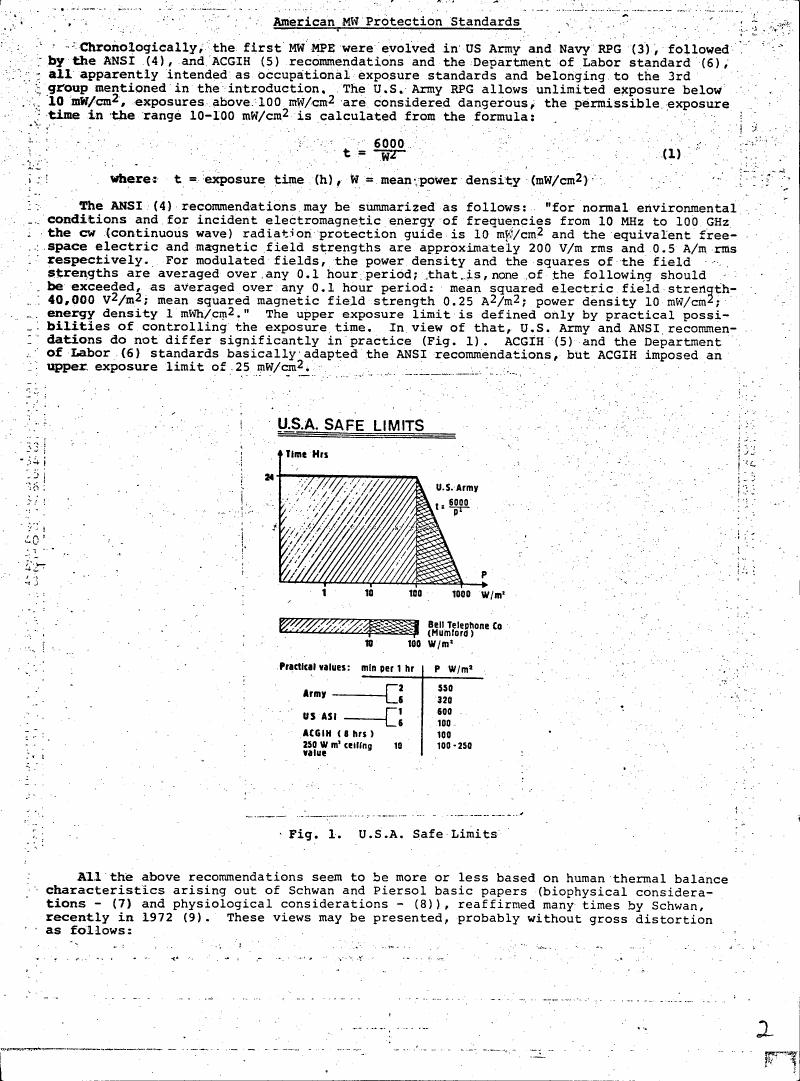 AI-described figure: Figure 1 illustrates U.S.A. Safe Limits for electromagnetic field exposure in terms of power density and time.