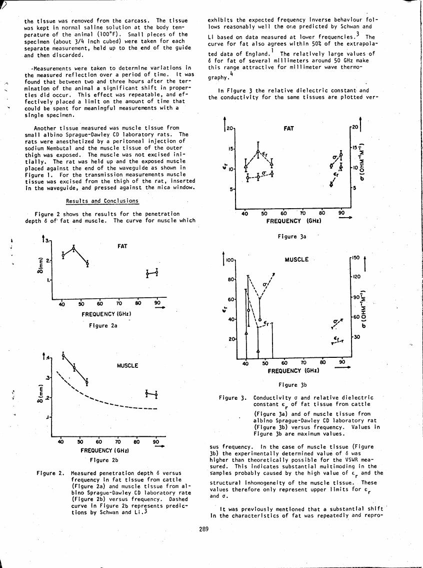 AI-described figure: Figure 2a and Figure 2b show measured penetration depth δ versus frequency in fat tissue from cattle (Figure 2a) and muscle tissue from albinos Sprague-Dawley CD laboratory rats (Figure 2b).