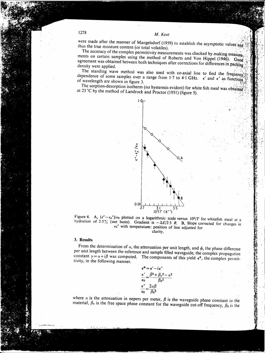 Figure 4. A graph showing (ε' - ε')/ε plotted on a logarithmic scale versus 10^3/T for whitefish meal at a hydration of 2.5% (wet basis).
