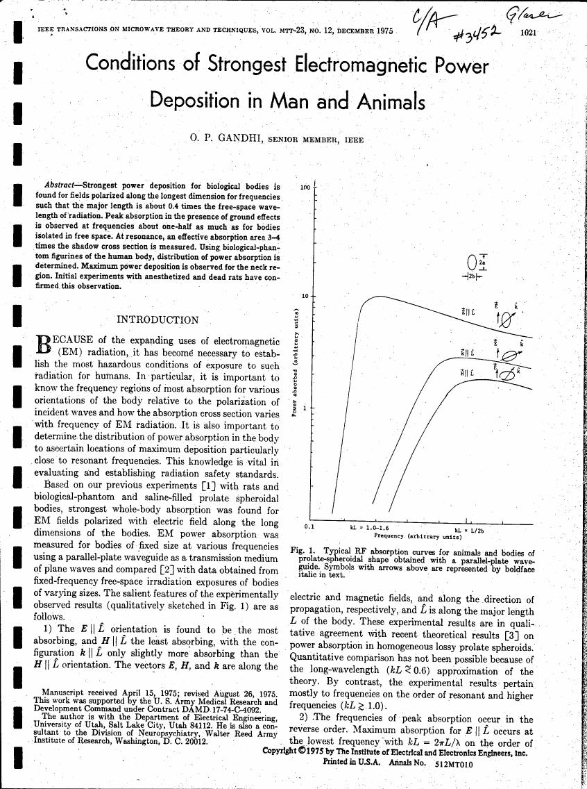 Figure 1. Typical RF absorption curves for animals and bodies of prolate-spheroidal shape obtained with a parallel-plate waveguide.