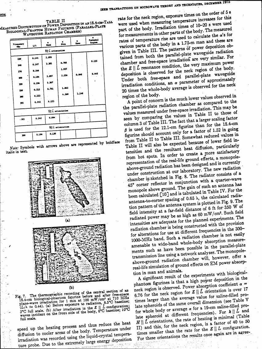 AI-described figure: Figure 7 illustrates thermographic recordings before and after free-space plane-wave irradiation on an 18.4-cm biological-phantom figure.