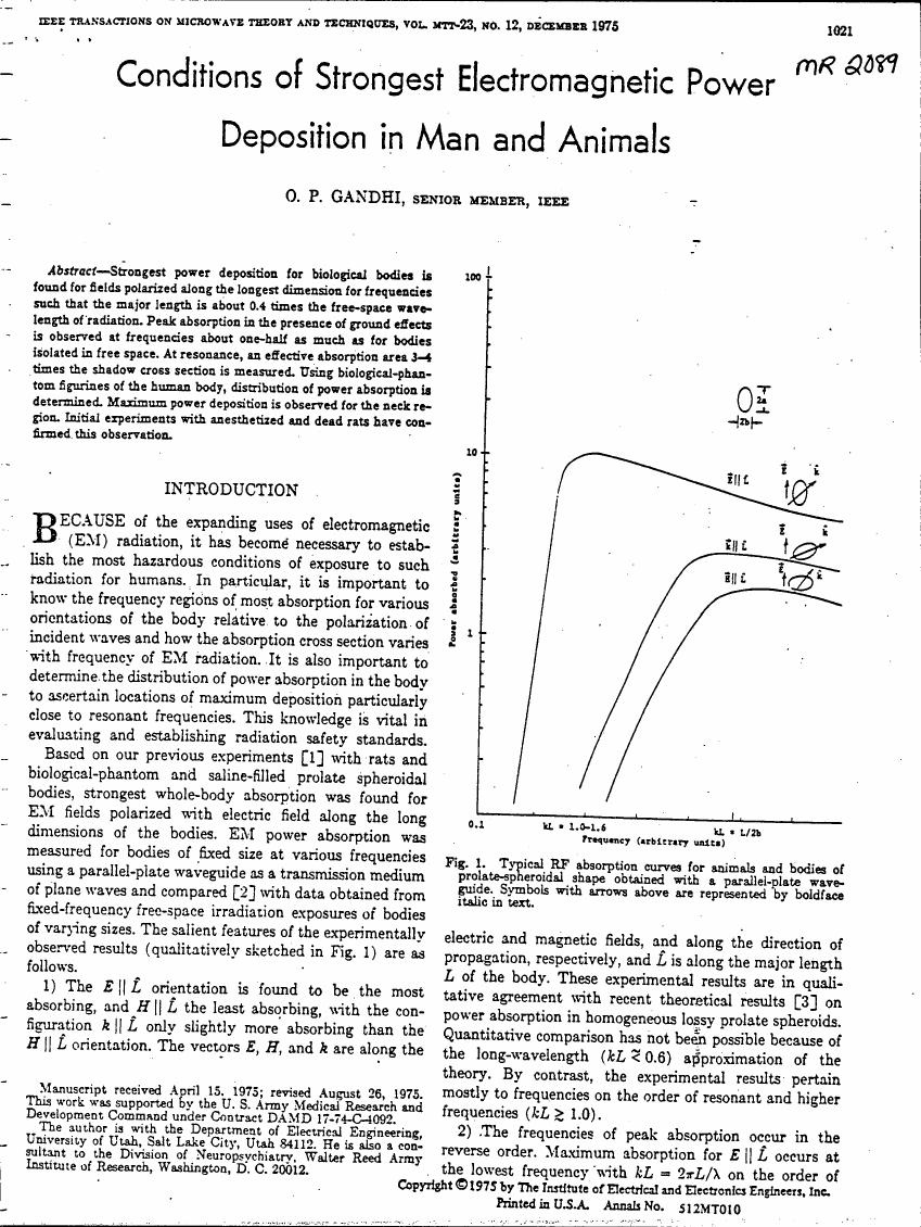 Typical RF absorption curves for animals and bodies of prolate spheroidal shape obtained with a parallel-plate waveguide.