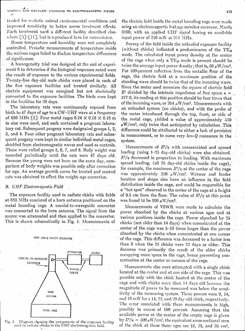 Diagram showing the components of the exposure facility used to radiate chicks in the UHF electromagnetic field.